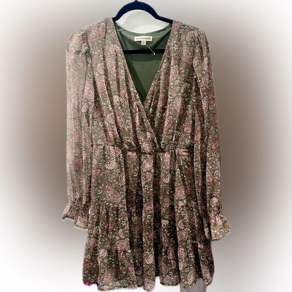 Olive paisley pattern long sleeve dress size XL